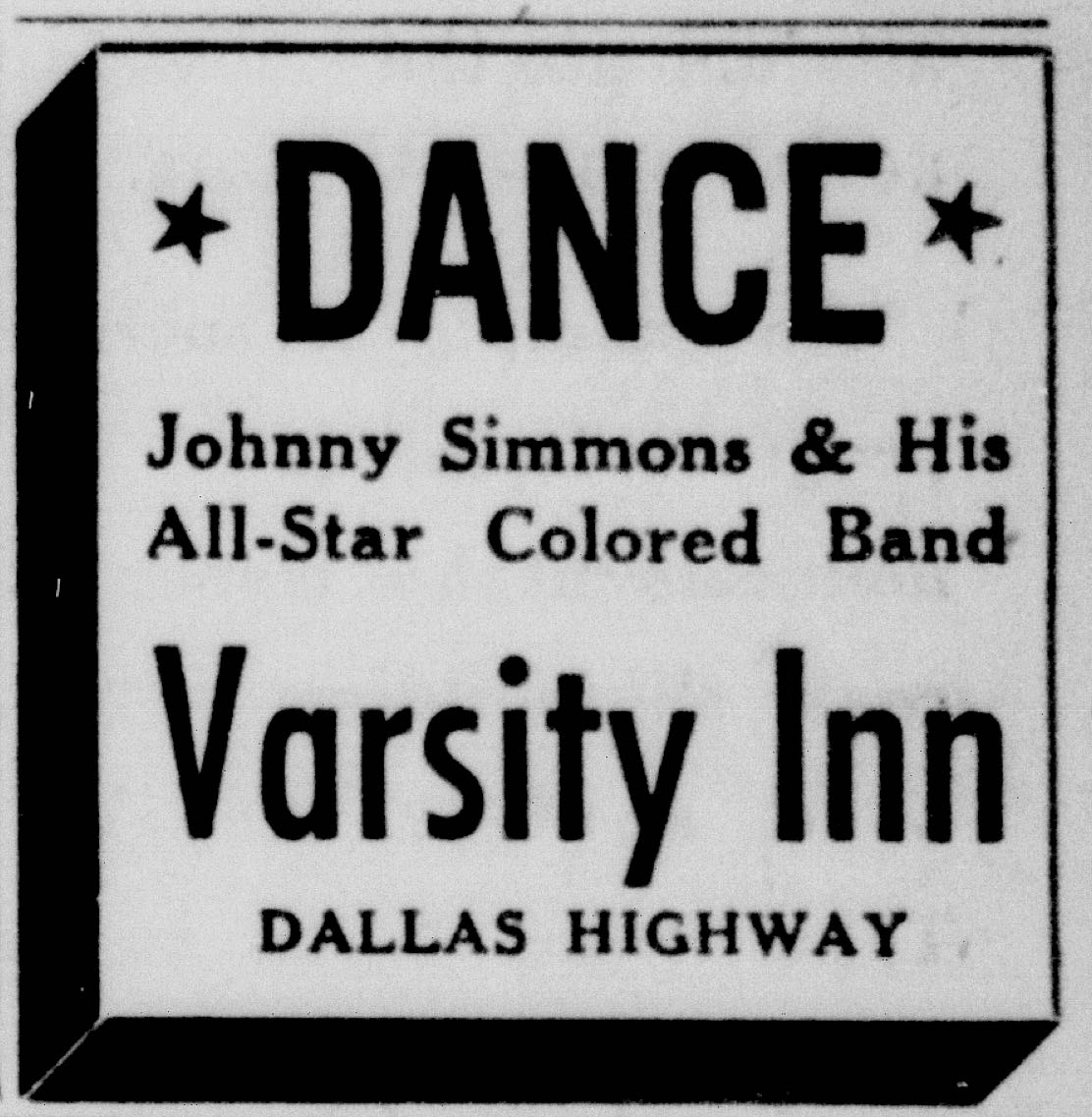 Advertisement for Johnny Simmons at Varsity Inn