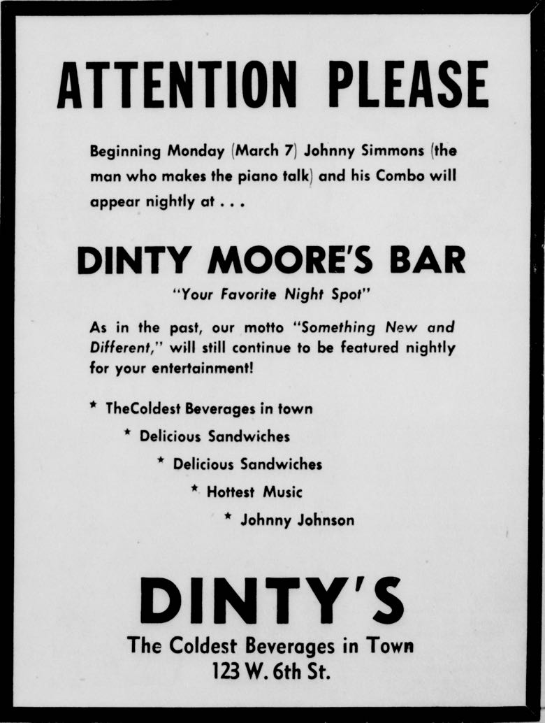 Advertisement for Johnny Simmons at Dinty Moore’s Bar