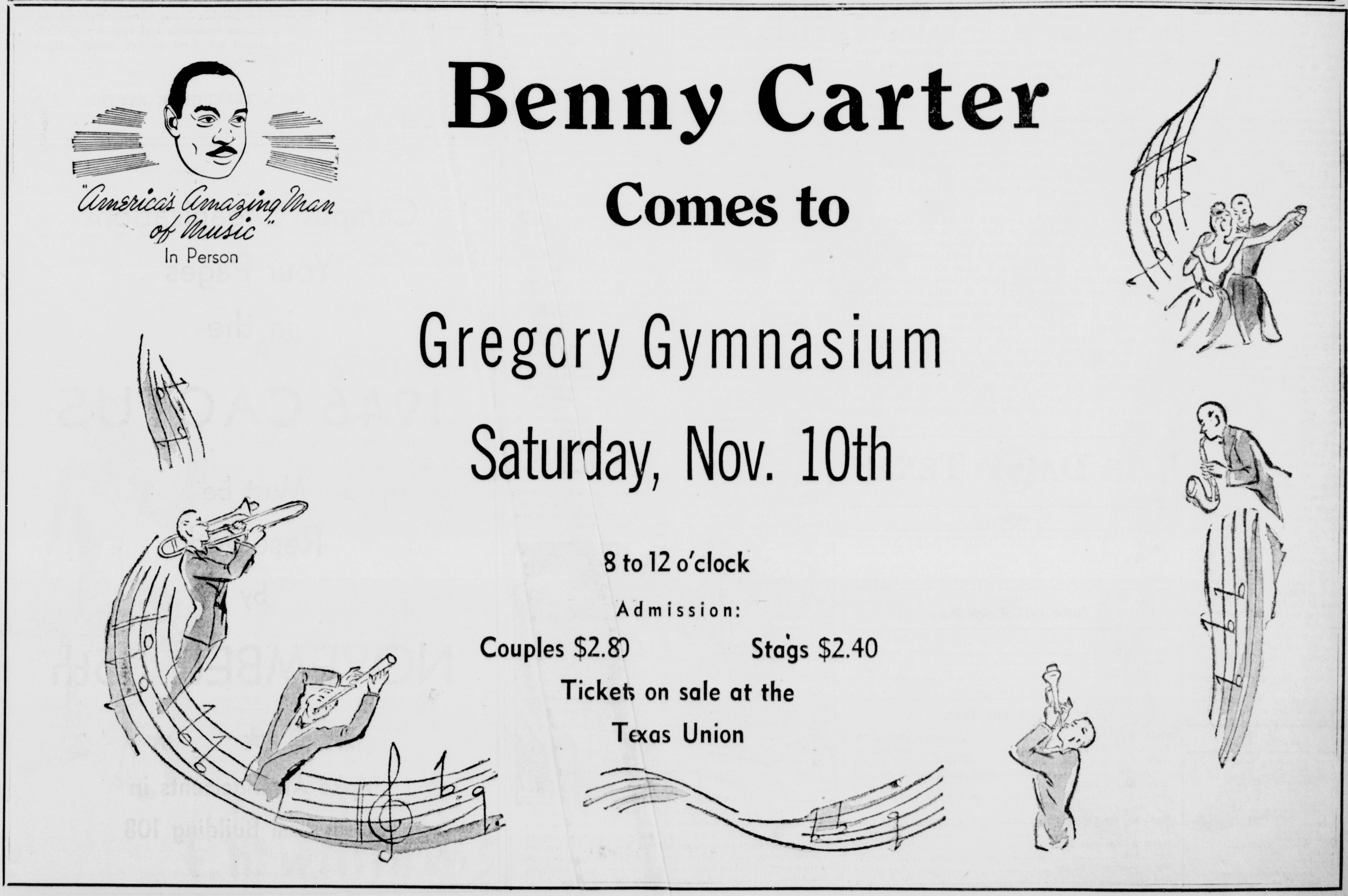 Advertisement for Benny Carter performance at Gregory Gym
