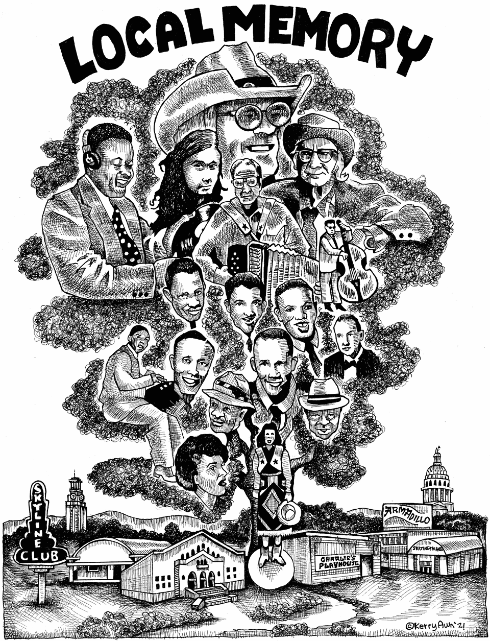 Hand-drawn poster by Kerry Awn depicting notable musicians and music venues from Austin